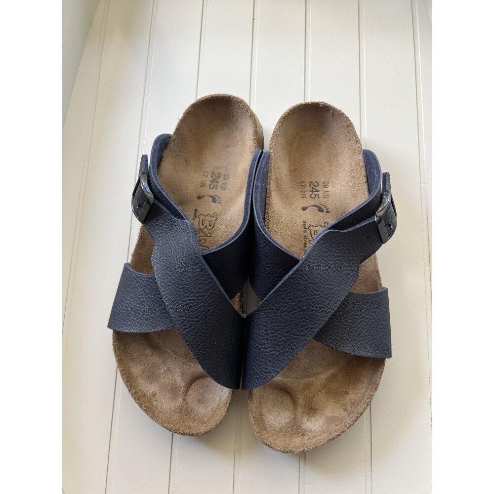 Birkis Birkenstock Womens Size 38 Womens 7 Mens 5 Blue Criss Cross Slide Sandals - Picture 11 of 12
